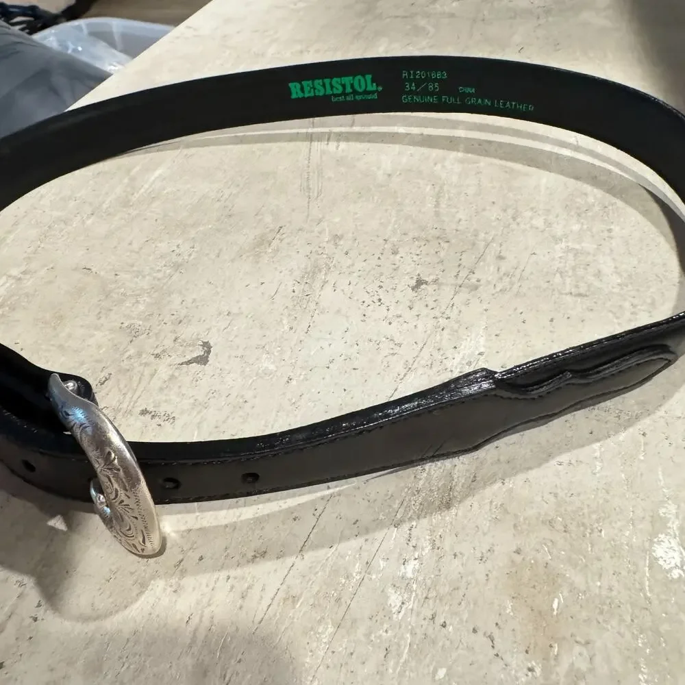 Resistol Black Full Grain Leather Western Belt Size 34 Silver Tone Etched Buckle